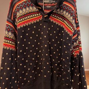 Ralph Lauren Men's Navy Blue Sweater with Red and Cream Patterns